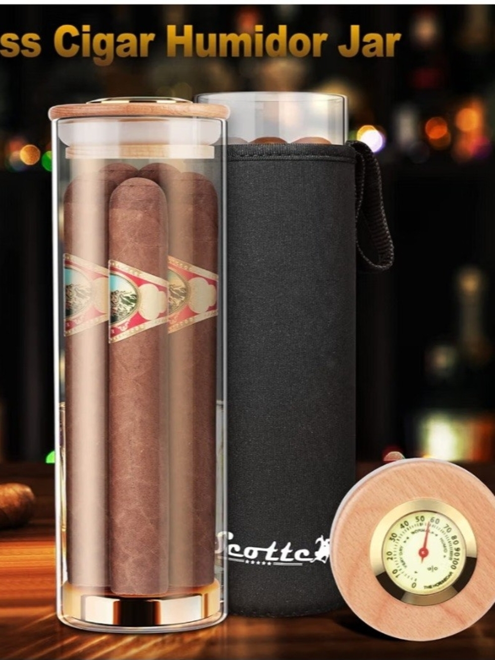 Glass Cigar Humidor Jar - Clear with Black Sleeve